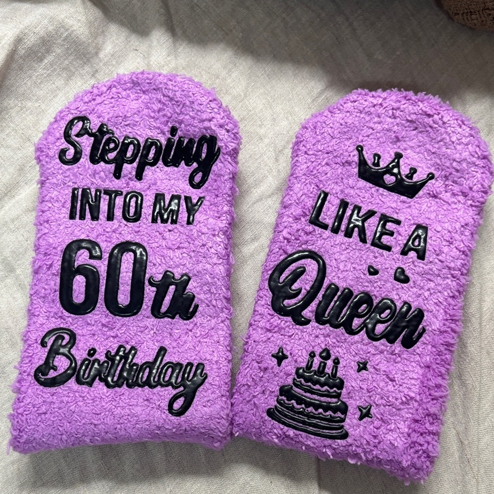 Stepping Into My 60th Birthday Like a Queen Purple Fuzzy socks  -
